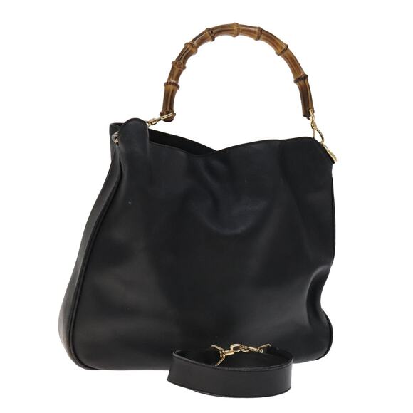 GUCCI Bamboo Hand Bag Leather Black Gold 001 2113 001 2113 - Picture 1 of 16
